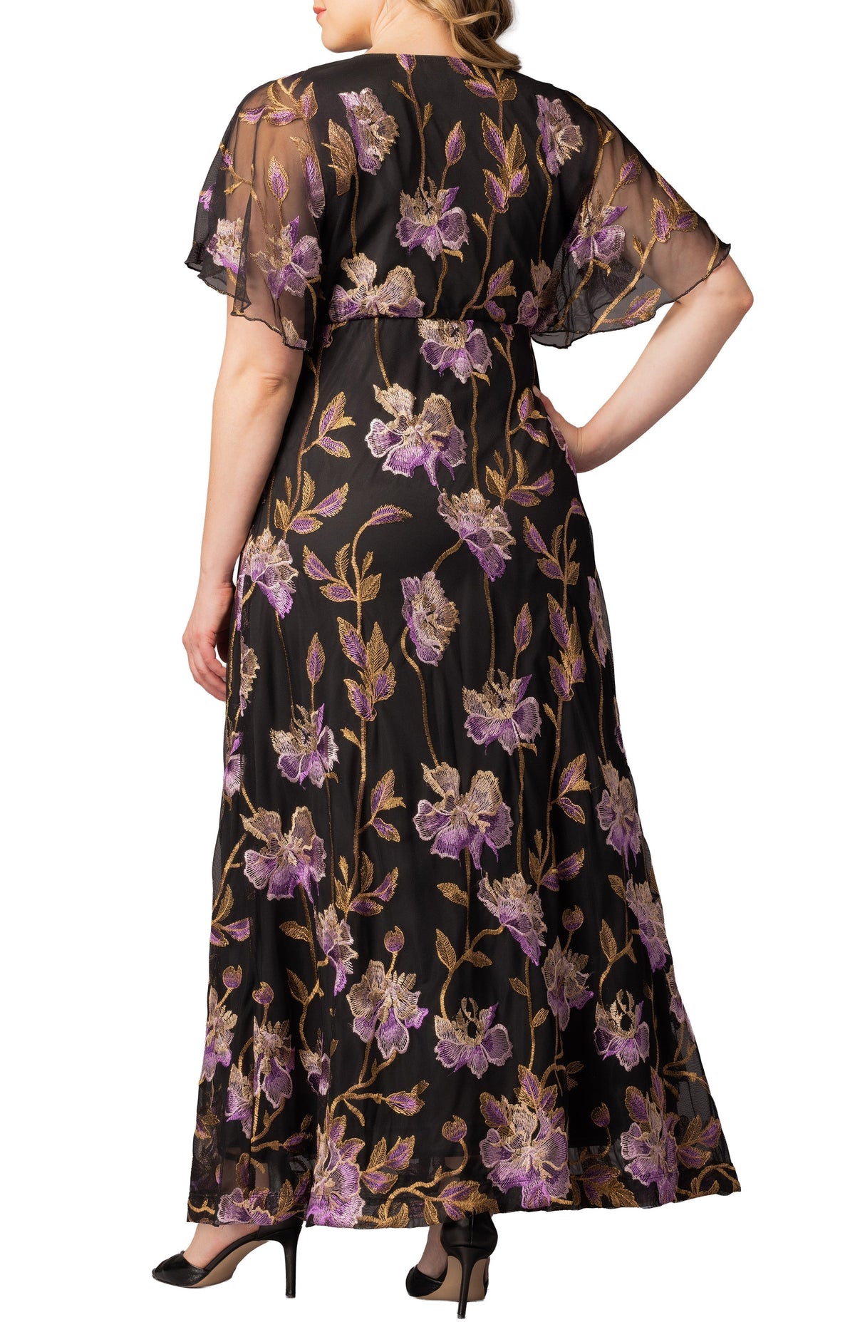 Embroidered Elegance Evening Gown Purple Peonies - Plus